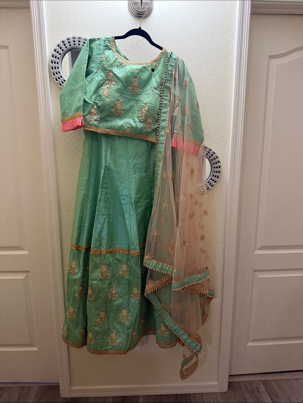Mint Green Embroidered Lehenga Choli with Pink Accent